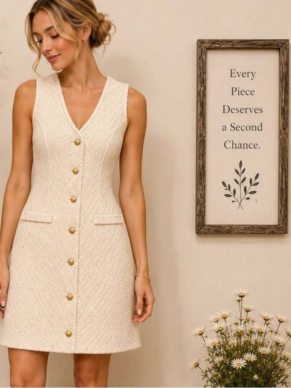NWT Bebop Cream Tweed Button Front Mini Dress Size Small